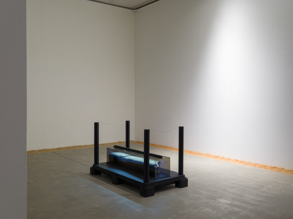 This is a color photograph of two artworks by Lukas Geronimas. In the foreground is the sculpture entitled Mayfair Column Remainder, which is depicted at a slight angle. It has been placed on the floor, centered in the room. It consists of a rectangular black platform with four black posts in each corner. Centered on the platform is a rectangular column on its side, made of transparent plexiglass containing a railroad tie, which is a rectangular piece of wood. It is illuminated with an LED light. In the background to the right of the sculpture and along the perimeter of the floor and walls of this installation is another artwork titled Puzzledust, which is sawdust that was produced, collected and stored by the artist over the past two years.